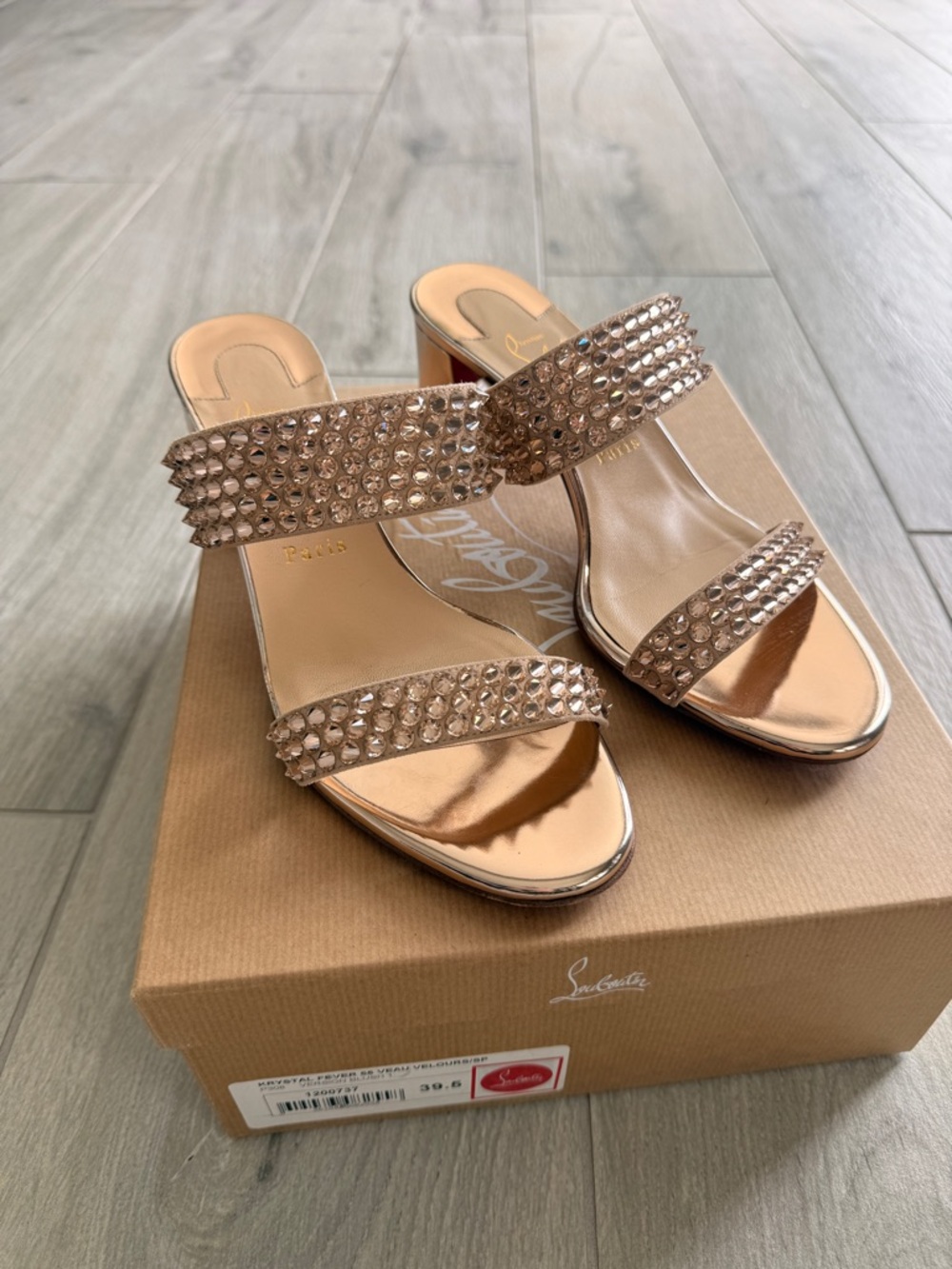 Christian Louboutin Metallic Rose Gold Crystal Double-Strap Mules